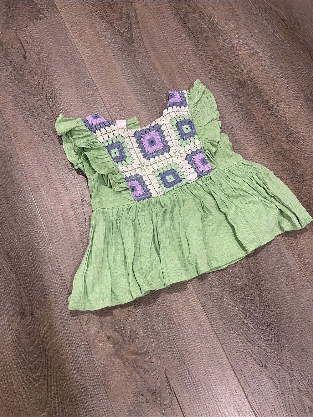 Green Ruffled Girls' Top with Crochet Square Detail